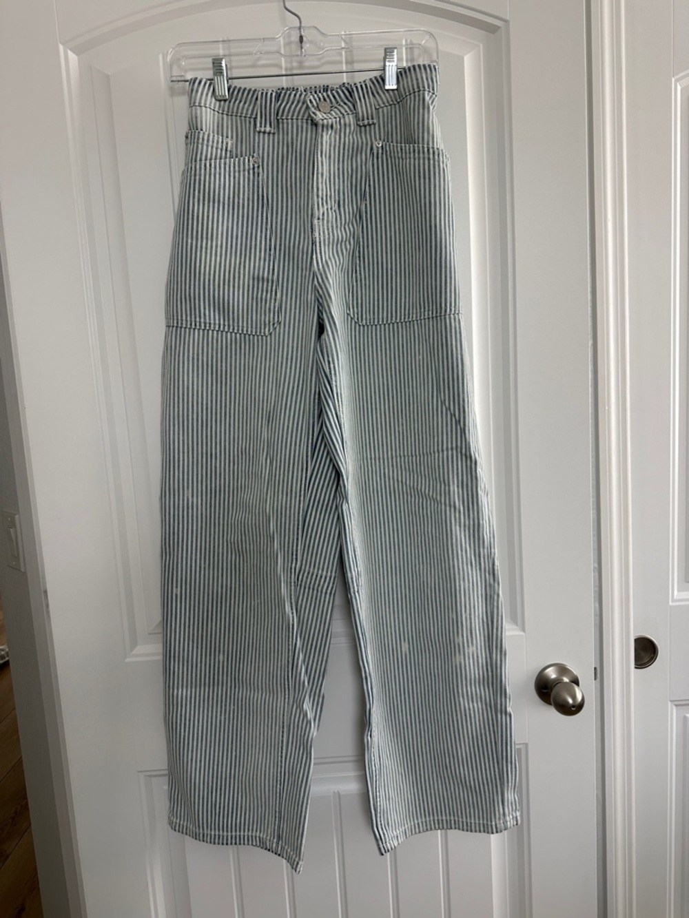 Blue and White Striped High-Waist Jeans